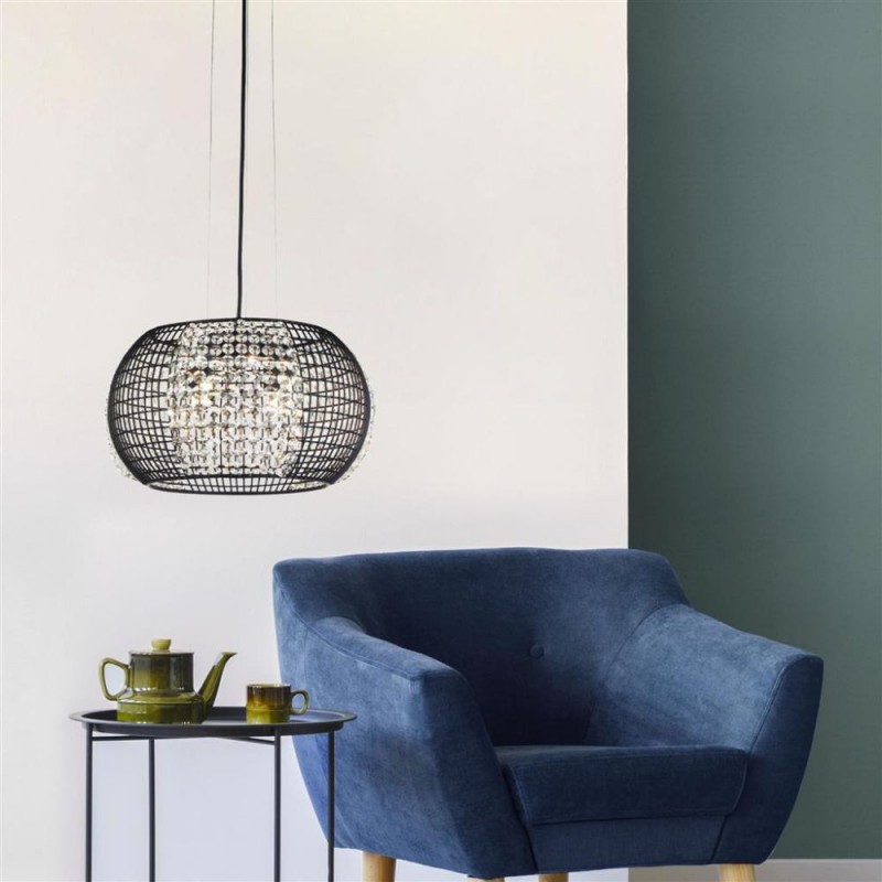 Searchlight-9094-4BK - Cage - Black 4 Light Pendant with Crystal Glass