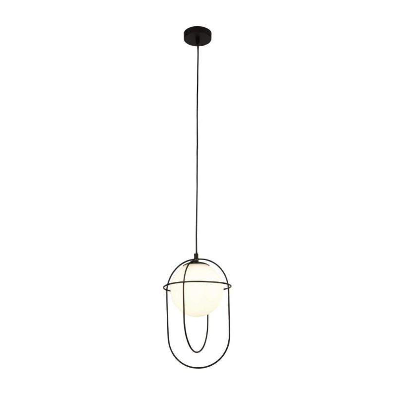 Ceiling Lights - Axis - White Glass with Black Cage Single Pendant Searchlight-9131BK - Axis - White Glass with Black Cage Single Pendant