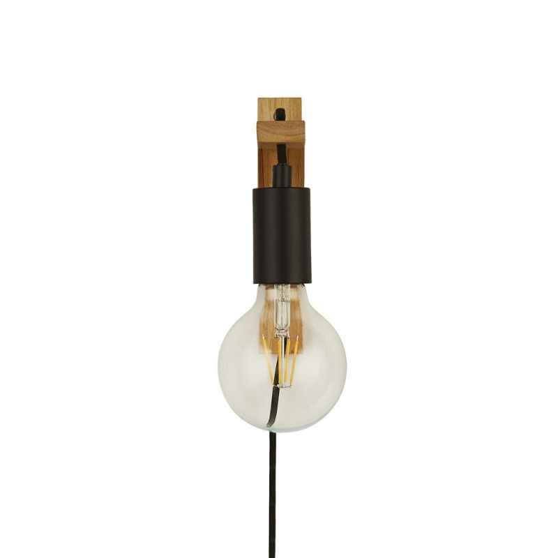 Searchlight-95042BR - Woody - Wooden & Matt Black Plug-In Wall Lamp