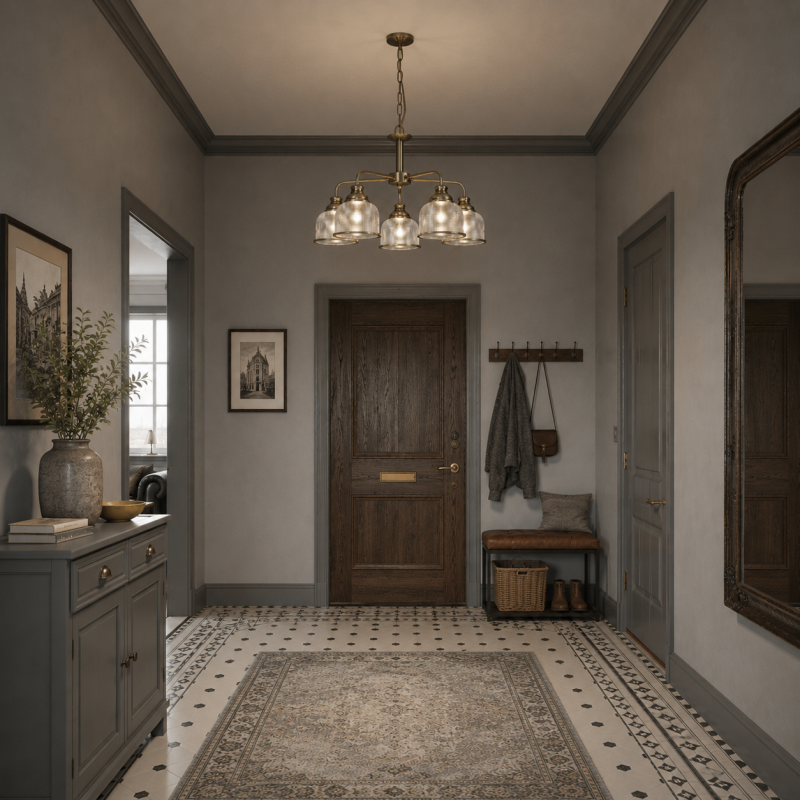 Searchlight-1685-5AB - Bistro II - Antique Brass 5 Light Centre Fitting with Textured Clear Glass