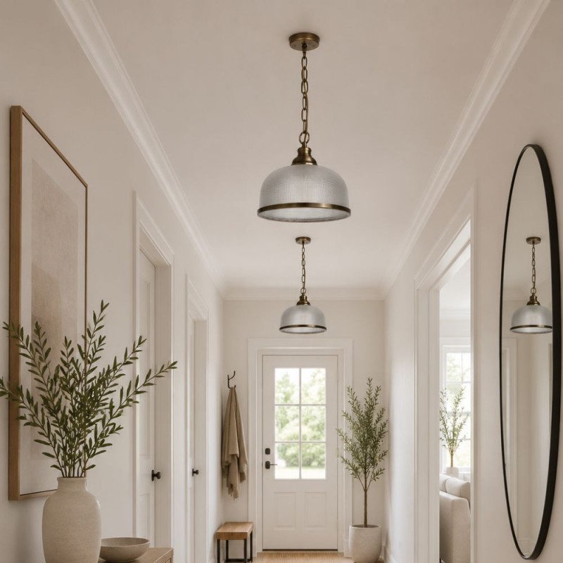 Searchlight-1682AB - Bistro II - Textured Clear Glass & Antique Brass Single Pendant