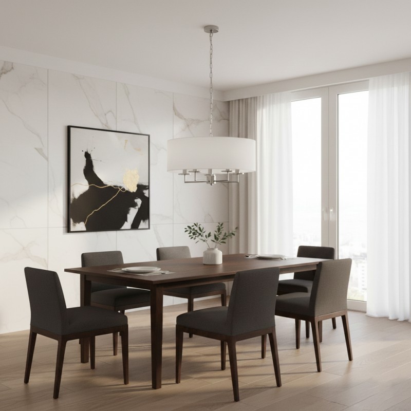 Searchlight-20892 - Knightsbridge - Satin Silver & White Fabric 5 Light Pendant