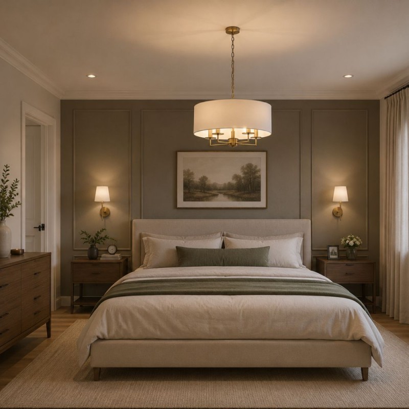 Searchlight-4785-5AB - Knightsbridge - Antique Brass & White Fabric 5 Light Pendant