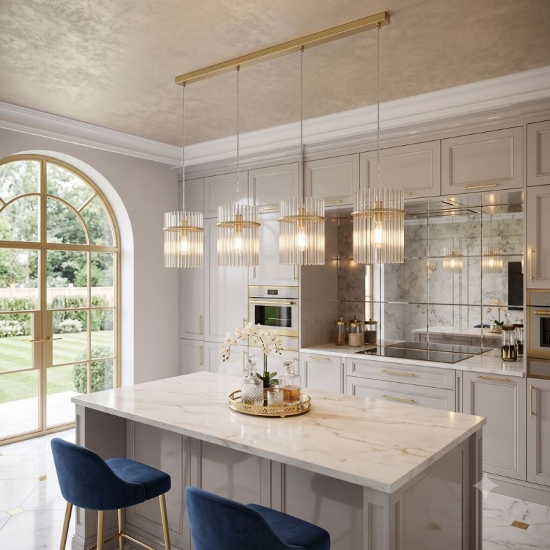 Searchlight-55620-4CP - Swizzle - Matt Gold 4 Light over Island Fitting with Champagne Rods