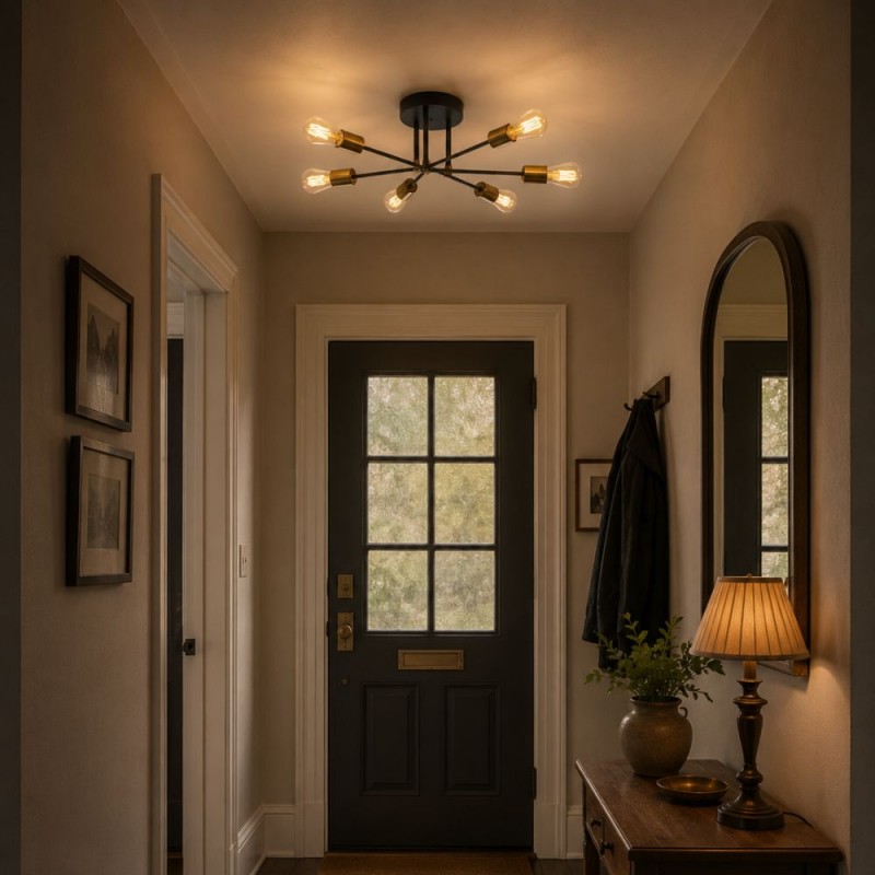 Searchlight-8046-6BK - Armstrong - Black & Satin Brass 6 Light Semi Flush