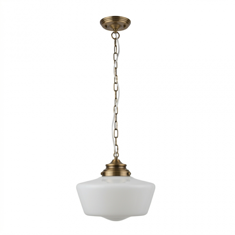 Searchlight-8071-1AB - School House - Antique Brass Pendant with White Opal Glass IP44