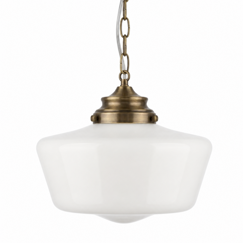 Searchlight-8071-1AB - School House - Antique Brass Pendant with White Opal Glass IP44