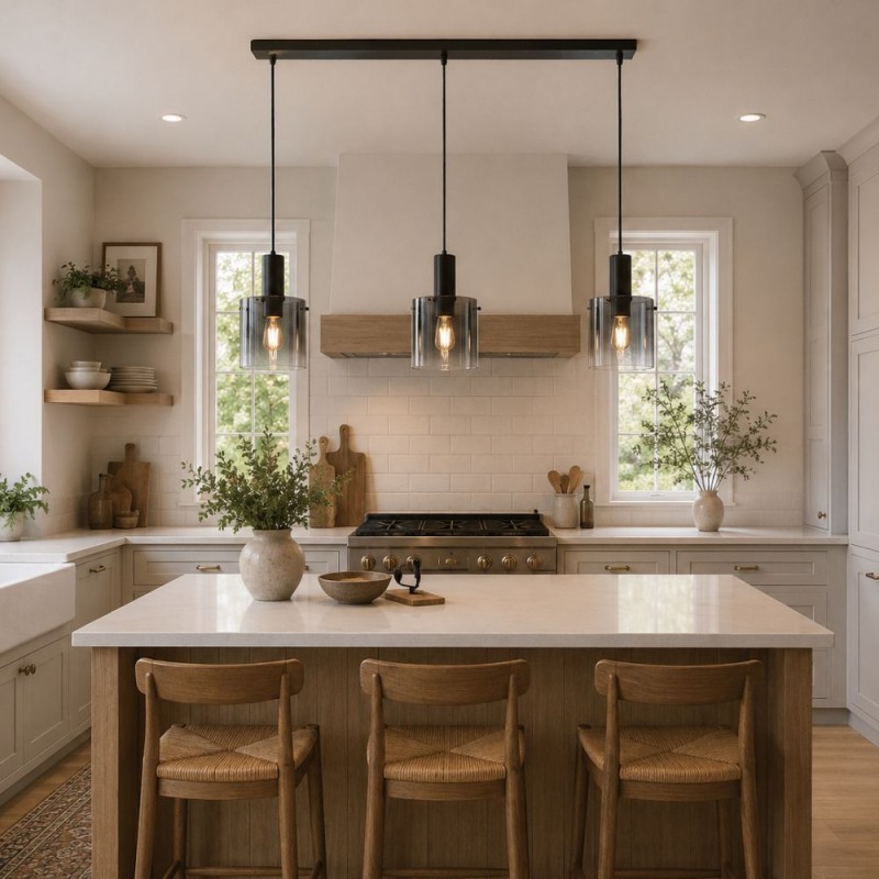 Searchlight-88913-3BK - Sweden - Matt Black 3 Light over Island Fitting with Smoked Ombre Glass