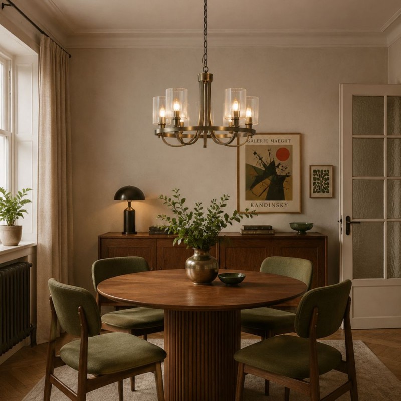Searchlight-9045-5AB - Catalina - Antique Brass 5 Light Centre Fitting with Ribbed Clear Glass
