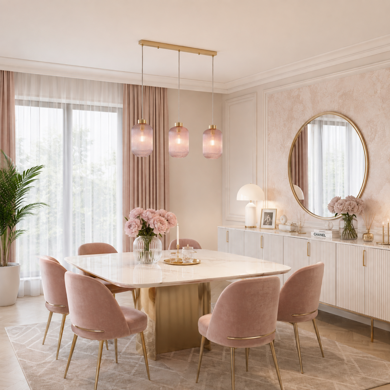Searchlight-NIK-SP3-SB+3x01NIK-PI - Nikita - Satin Brass 3 Light over Island Fitting with Pink Ribbed Big Glass