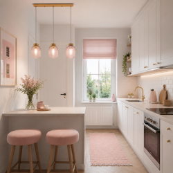 Nikita - Satin Brass 3 Light over Island Fitting with Pink Ribbed Small Glass
