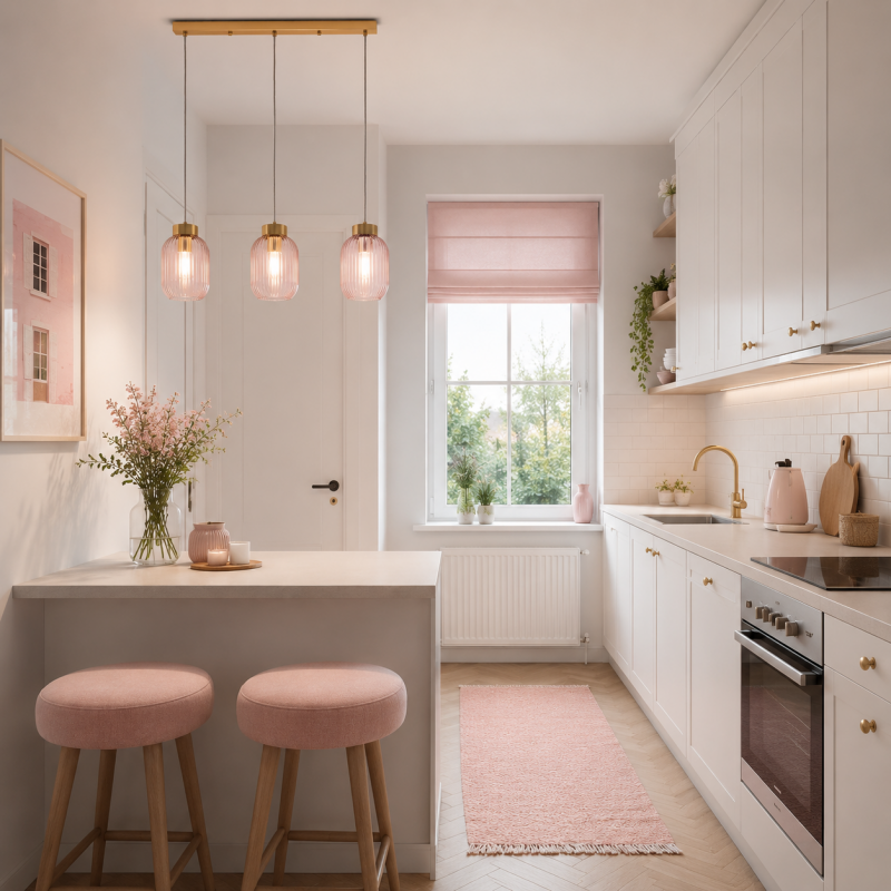 Searchlight-NIK-SP3-SB+3x02NIK-PI - Nikita - Satin Brass 3 Light over Island Fitting with Pink Ribbed Small Glass