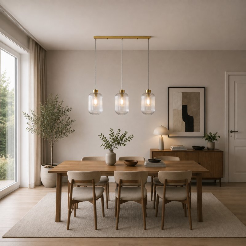 Searchlight-NIK-SP3-SB+3x01NIK-CL - Nikita - Satin Brass 3 Light over Island Fitting with Clear Ribbed Big Glass