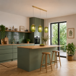 Nikita - Satin Brass 3 Light over Island Fitting with Green Ribbed Big Glass