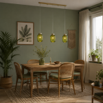 Nikita - Satin Brass 3 Light over Island Fitting with Green Ribbed Small Glass