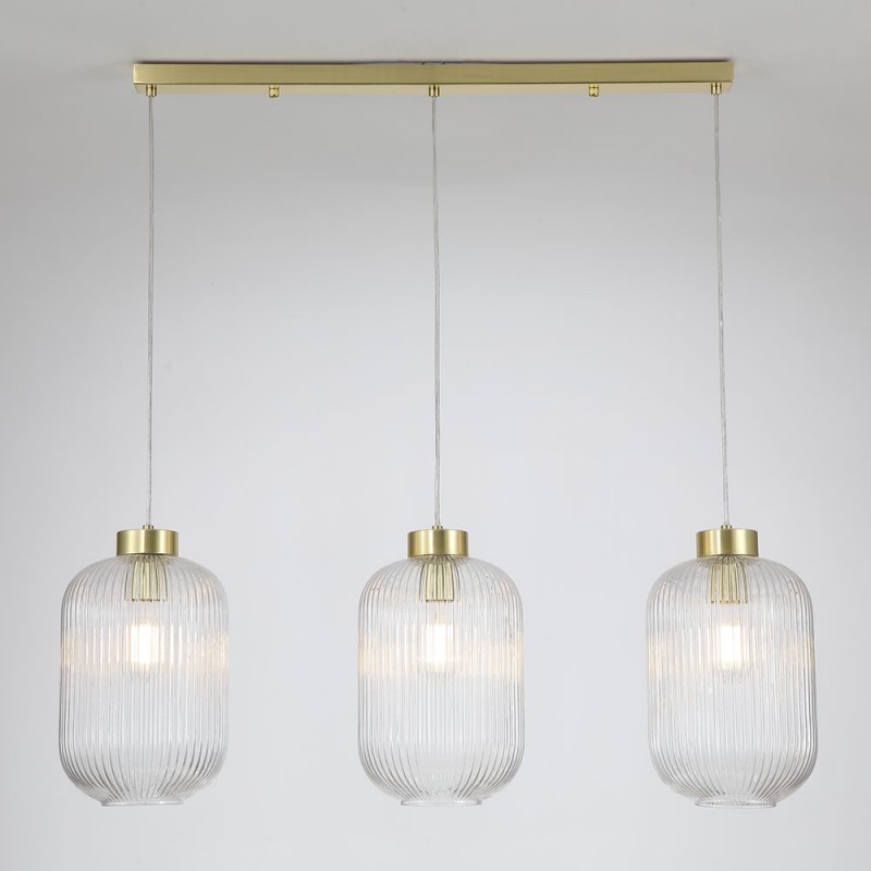 Searchlight-NIK-SP3-SB+3x01NIK-CL - Nikita - Satin Brass 3 Light over Island Fitting with Clear Ribbed Big Glass