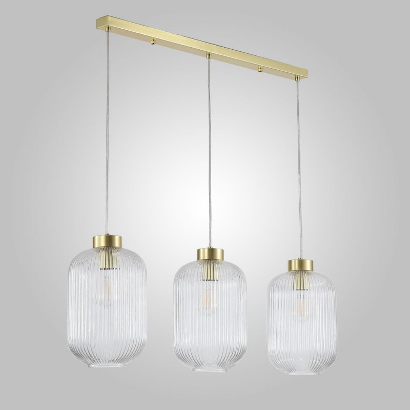 Searchlight-NIK-SP3-SB+3x01NIK-CL - Nikita - Satin Brass 3 Light over Island Fitting with Clear Ribbed Big Glass