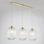 Nikita - Satin Brass 3 Light over Island Fitting with Clear Ribbed Big Glass Nikita - Satin Brass 3 Light over Island Fitting with Clear Ribbed Big Glass