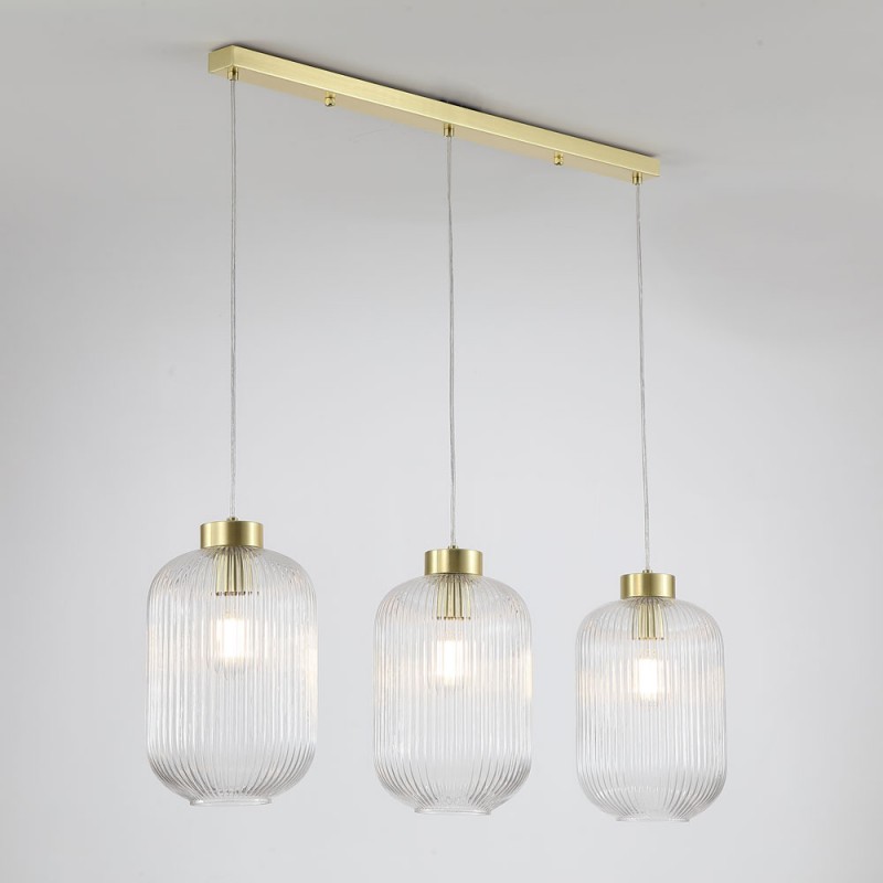 Searchlight-NIK-SP3-SB+3x01NIK-CL - Nikita - Satin Brass 3 Light over Island Fitting with Clear Ribbed Big Glass