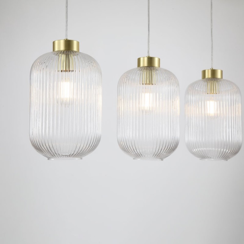 Searchlight-NIK-SP3-SB+3x01NIK-CL - Nikita - Satin Brass 3 Light over Island Fitting with Clear Ribbed Big Glass