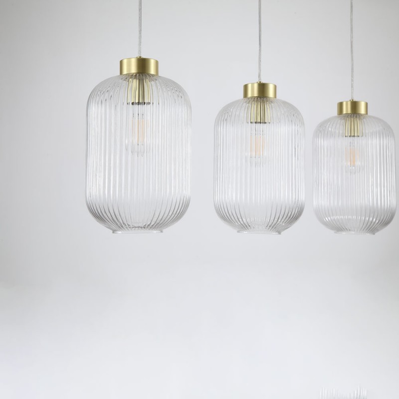 Searchlight-NIK-SP3-SB+3x01NIK-CL - Nikita - Satin Brass 3 Light over Island Fitting with Clear Ribbed Big Glass