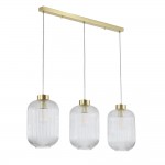 Nikita - Satin Brass 3 Light over Island Fitting with Clear Ribbed Big Glass Nikita - Satin Brass 3 Light over Island Fitting with Clear Ribbed Big Glass