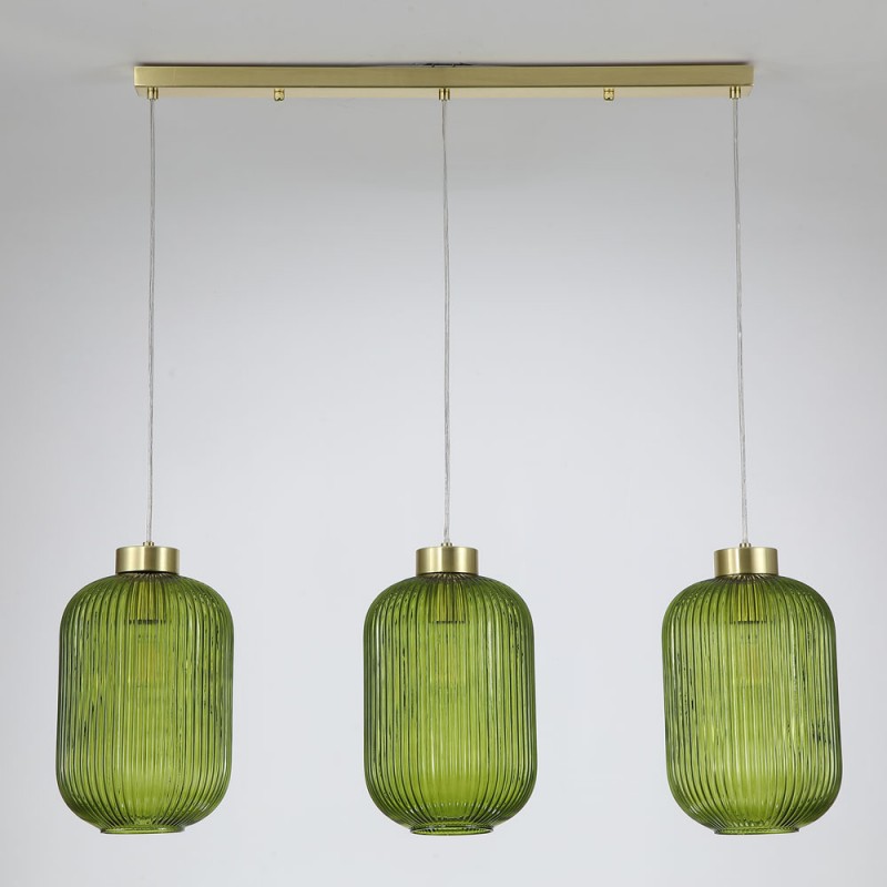 Kitchen Lights - Nikita - Satin Brass 3 Light over Island Fitting with Green Ribbed Big Glass Searchlight-NIK-SP3-SB+3x01NIK-GR - Nikita - Satin Brass 3 Light over Island Fitting with Green Ribbed Big Glass