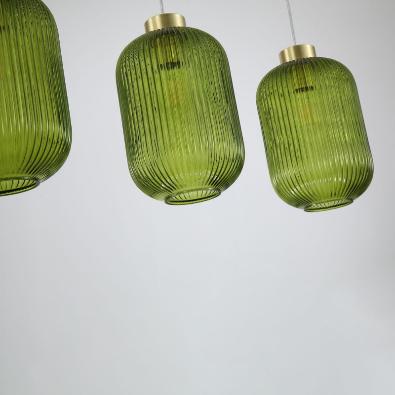 Kitchen Lights - Nikita - Satin Brass 3 Light over Island Fitting with Green Ribbed Big Glass Searchlight-NIK-SP3-SB+3x01NIK-GR - Nikita - Satin Brass 3 Light over Island Fitting with Green Ribbed Big Glass