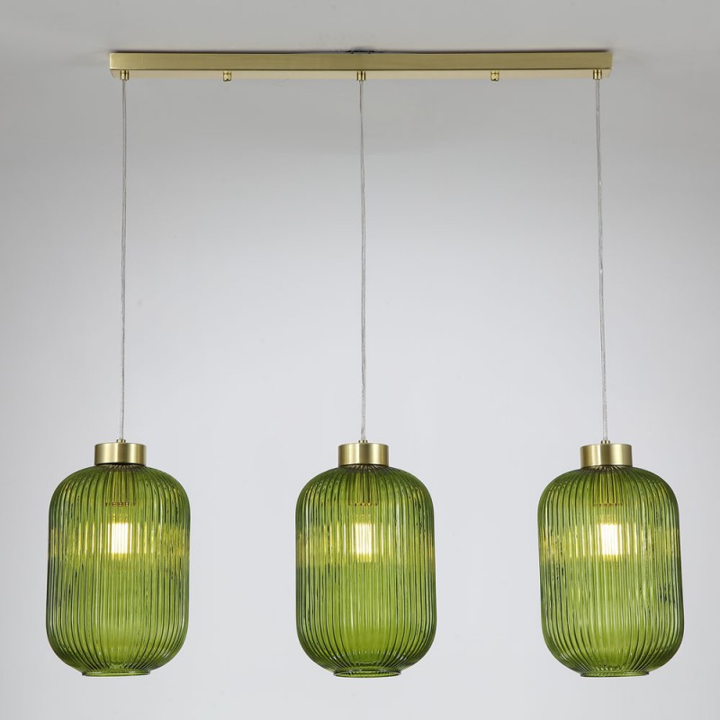 Kitchen Lights - Nikita - Satin Brass 3 Light over Island Fitting with Green Ribbed Big Glass Searchlight-NIK-SP3-SB+3x01NIK-GR - Nikita - Satin Brass 3 Light over Island Fitting with Green Ribbed Big Glass