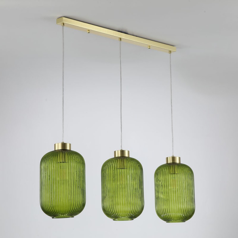 Kitchen Lights - Nikita - Satin Brass 3 Light over Island Fitting with Green Ribbed Big Glass Searchlight-NIK-SP3-SB+3x01NIK-GR - Nikita - Satin Brass 3 Light over Island Fitting with Green Ribbed Big Glass