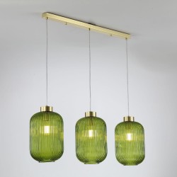 Nikita - Satin Brass 3 Light over Island Fitting with Green Ribbed Big Glass Nikita - Satin Brass 3 Light over Island Fitting with Green Ribbed Big Glass