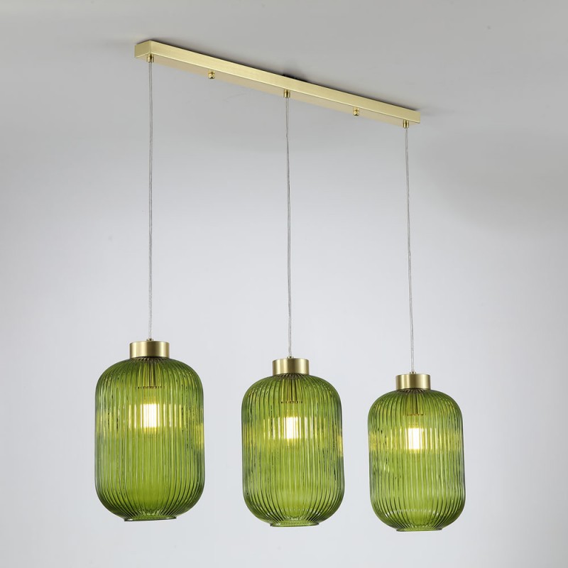 Kitchen Lights - Nikita - Satin Brass 3 Light over Island Fitting with Green Ribbed Big Glass Searchlight-NIK-SP3-SB+3x01NIK-GR - Nikita - Satin Brass 3 Light over Island Fitting with Green Ribbed Big Glass
