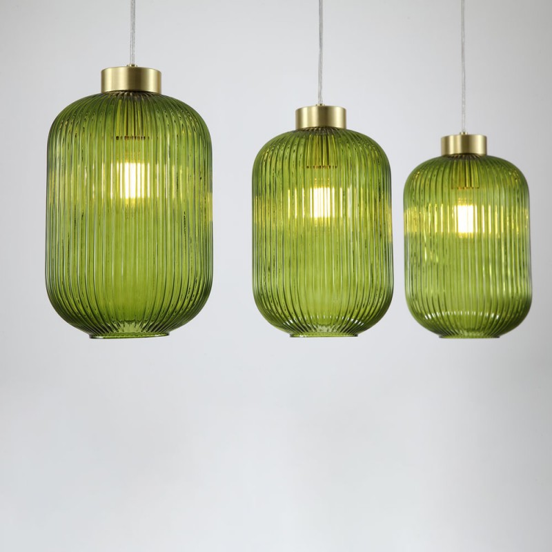 Kitchen Lights - Nikita - Satin Brass 3 Light over Island Fitting with Green Ribbed Big Glass Searchlight-NIK-SP3-SB+3x01NIK-GR - Nikita - Satin Brass 3 Light over Island Fitting with Green Ribbed Big Glass