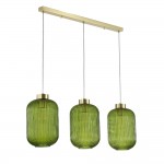Nikita - Satin Brass 3 Light over Island Fitting with Green Ribbed Big Glass Nikita - Satin Brass 3 Light over Island Fitting with Green Ribbed Big Glass