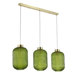 Nikita - Satin Brass 3 Light over Island Fitting with Green Ribbed Big Glass Nikita - Satin Brass 3 Light over Island Fitting with Green Ribbed Big Glass