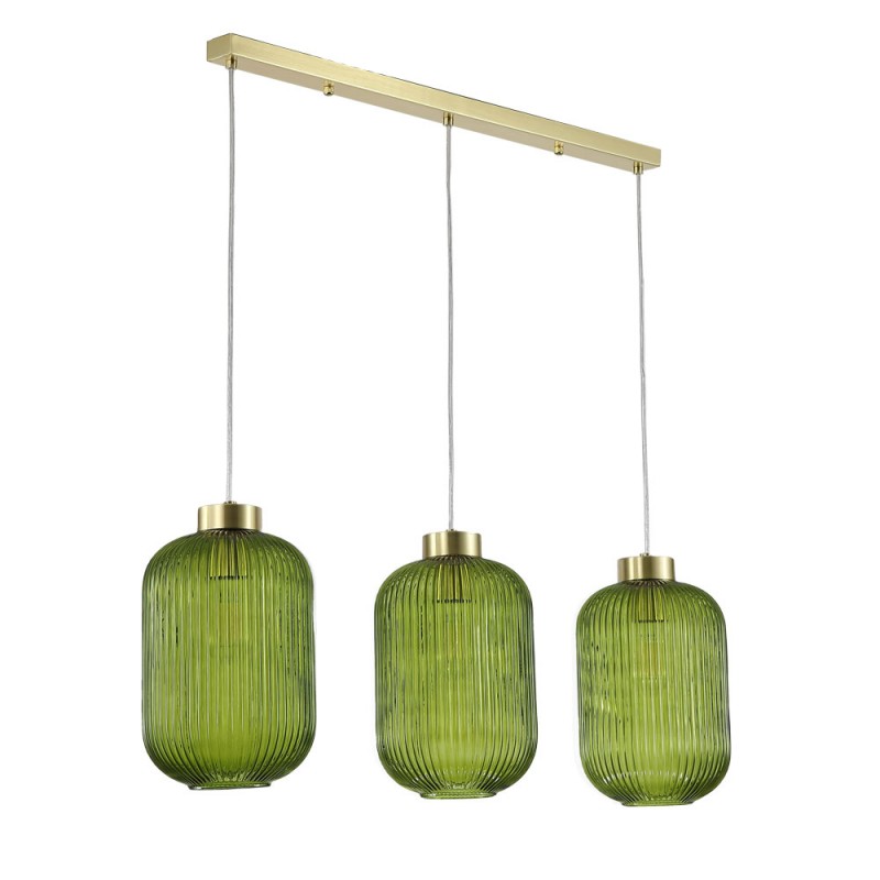 Kitchen Lights - Nikita - Satin Brass 3 Light over Island Fitting with Green Ribbed Big Glass Searchlight-NIK-SP3-SB+3x01NIK-GR - Nikita - Satin Brass 3 Light over Island Fitting with Green Ribbed Big Glass