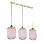 Nikita - Satin Brass 3 Light over Island Fitting with Pink Ribbed Big Glass Nikita - Satin Brass 3 Light over Island Fitting with Pink Ribbed Big Glass