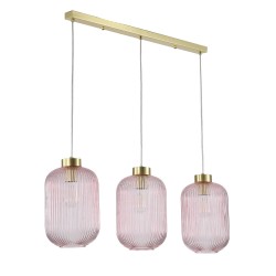 Nikita - Satin Brass 3 Light over Island Fitting with Pink Ribbed Big Glass Nikita - Satin Brass 3 Light over Island Fitting with Pink Ribbed Big Glass