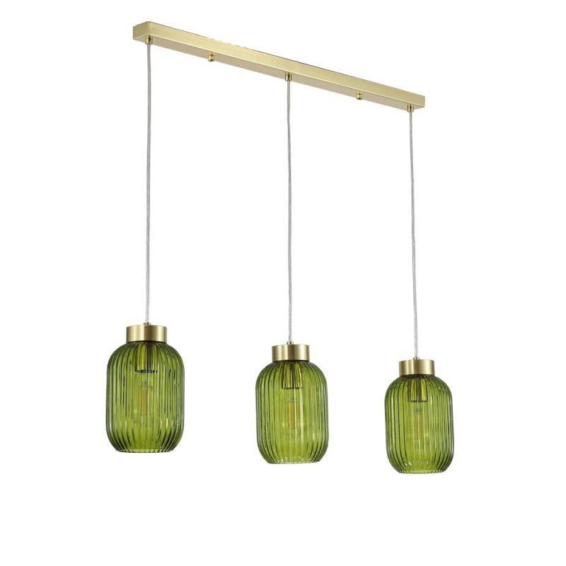 Searchlight-NIK-SP3-SB+3x02NIK-GR - Nikita - Satin Brass 3 Light over Island Fitting with Green Ribbed Small Glass
