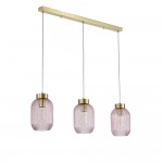 Nikita - Satin Brass 3 Light over Island Fitting with Pink Ribbed Small Glass Nikita - Satin Brass 3 Light over Island Fitting with Pink Ribbed Small Glass