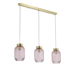 Nikita - Satin Brass 3 Light over Island Fitting with Pink Ribbed Small Glass Nikita - Satin Brass 3 Light over Island Fitting with Pink Ribbed Small Glass