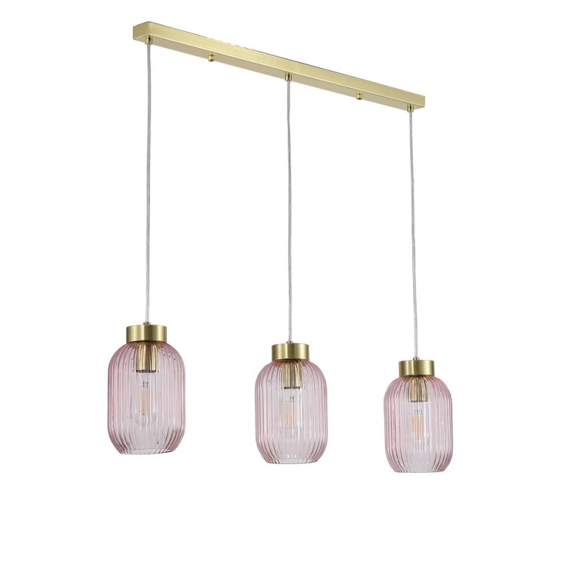 Searchlight-NIK-SP3-SB+3x02NIK-PI - Nikita - Satin Brass 3 Light over Island Fitting with Pink Ribbed Small Glass