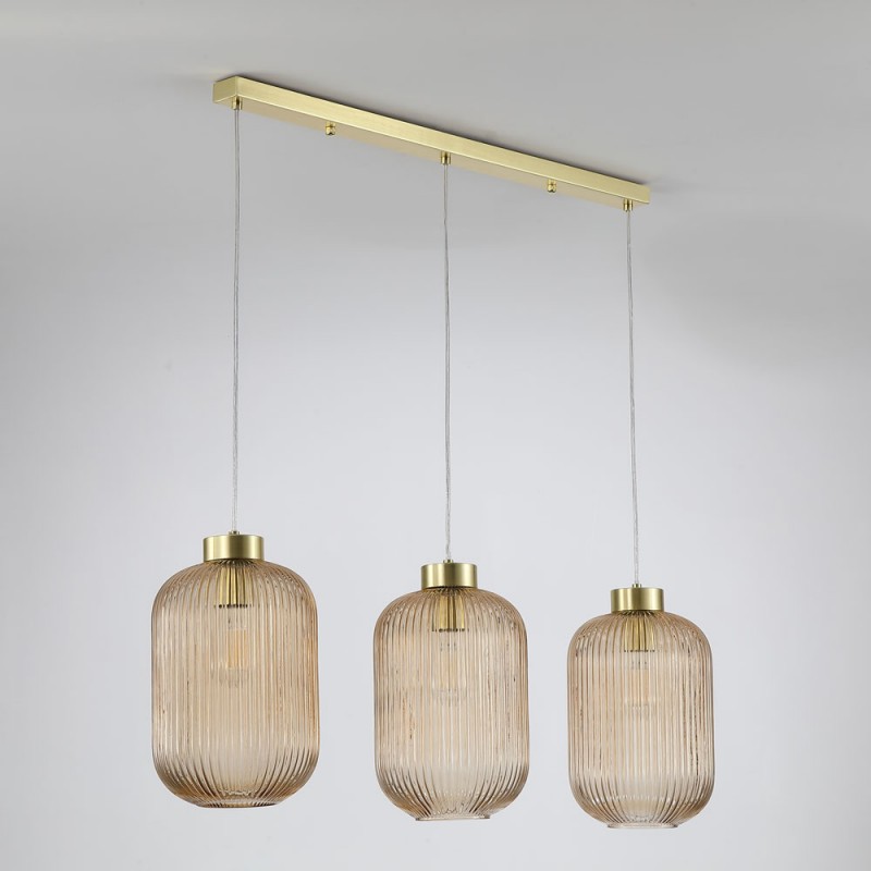 Searchlight-NIK-SP3-SB+3x01NIK-AM - Nikita - Satin Brass 3 Light over Island Fitting with Amber Ribbed Big Glass