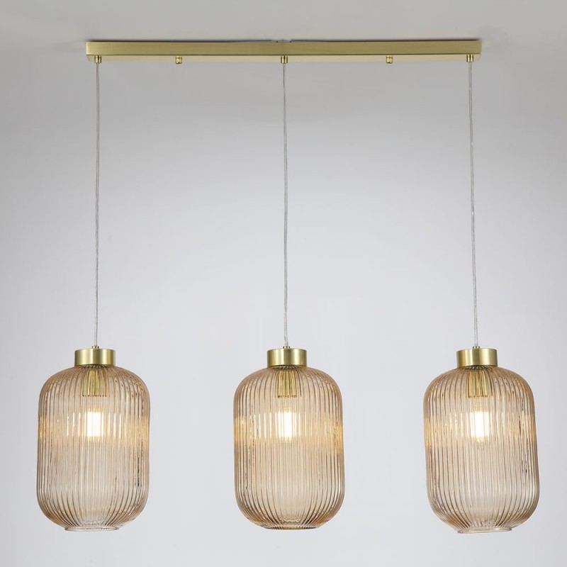 Searchlight-NIK-SP3-SB+3x01NIK-AM - Nikita - Satin Brass 3 Light over Island Fitting with Amber Ribbed Big Glass