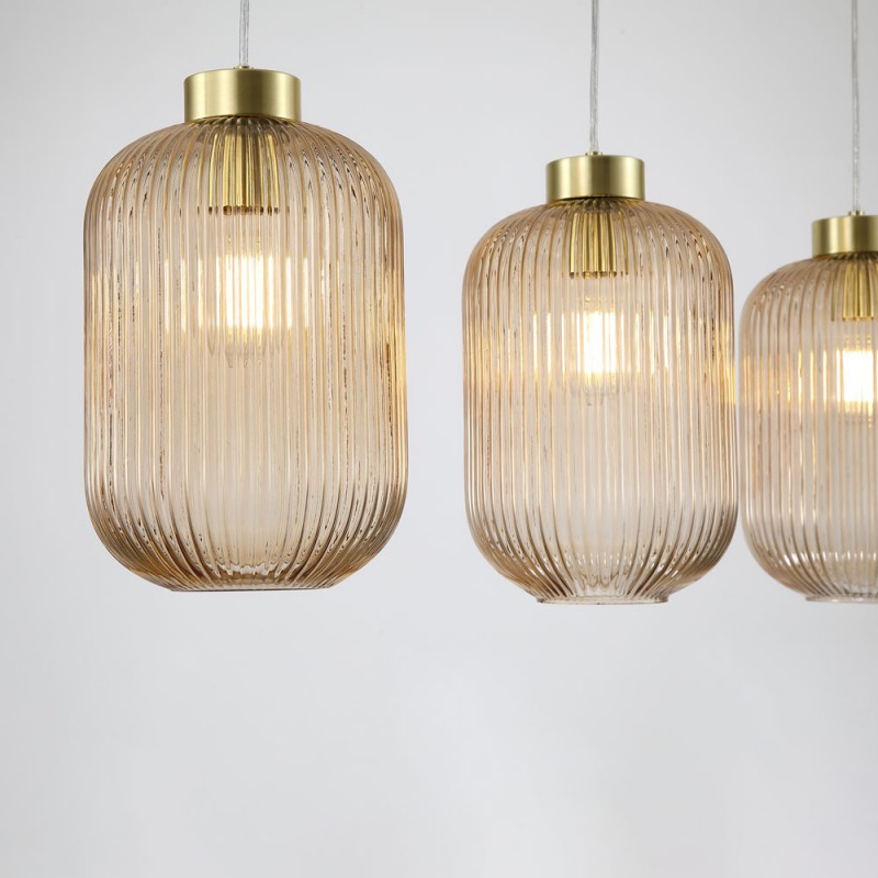 Searchlight-NIK-SP3-SB+3x01NIK-AM - Nikita - Satin Brass 3 Light over Island Fitting with Amber Ribbed Big Glass