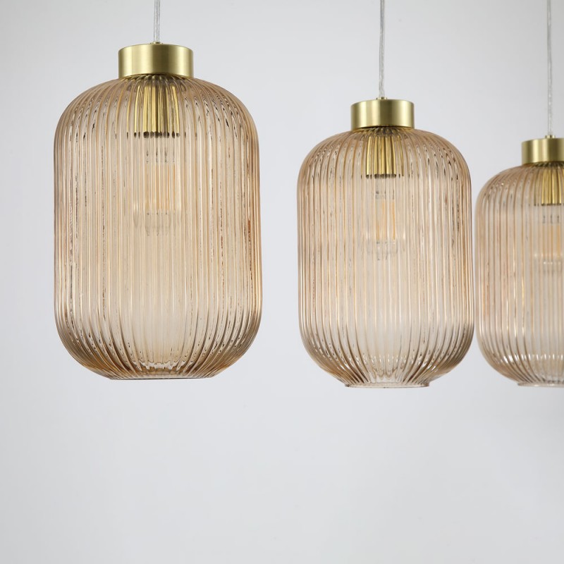 Searchlight-NIK-SP3-SB+3x01NIK-AM - Nikita - Satin Brass 3 Light over Island Fitting with Amber Ribbed Big Glass