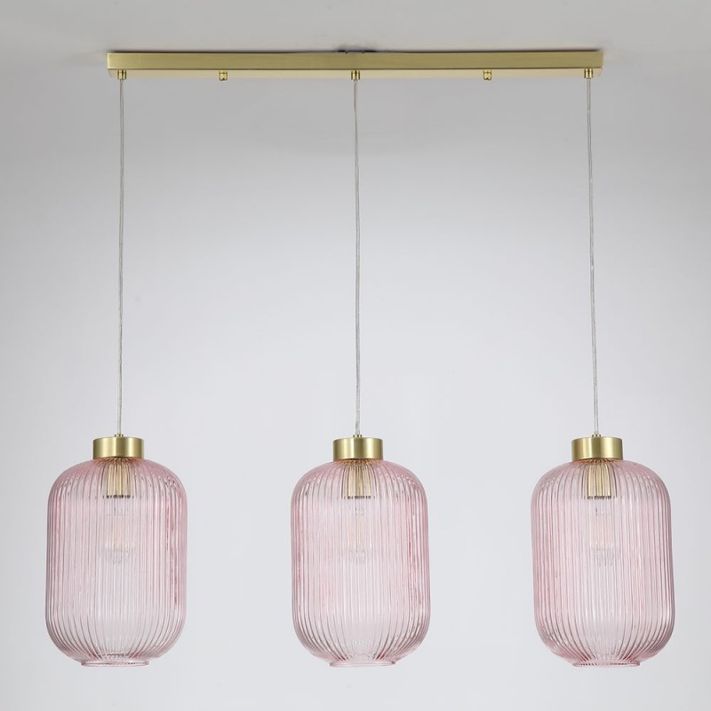 Searchlight-NIK-SP3-SB+3x01NIK-PI - Nikita - Satin Brass 3 Light over Island Fitting with Pink Ribbed Big Glass