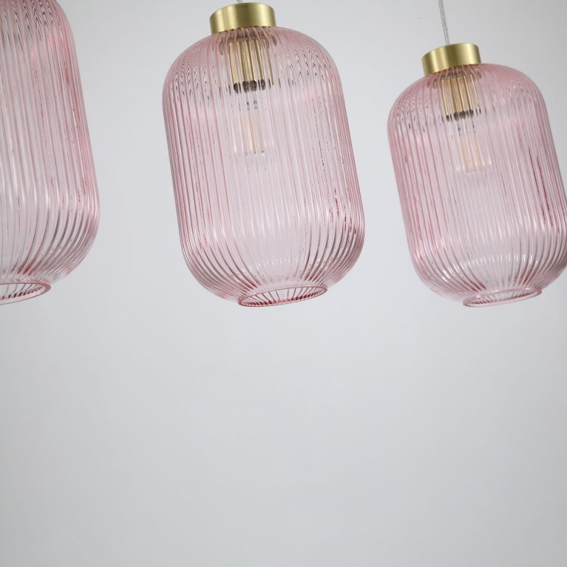 Searchlight-NIK-SP3-SB+3x01NIK-PI - Nikita - Satin Brass 3 Light over Island Fitting with Pink Ribbed Big Glass