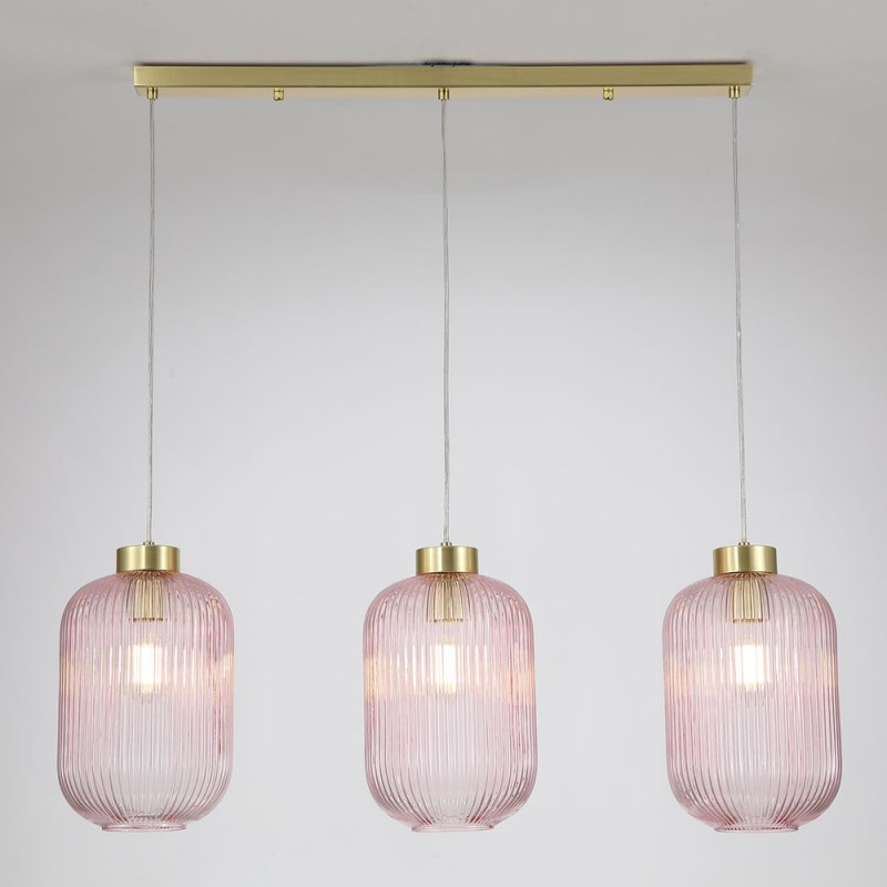 Searchlight-NIK-SP3-SB+3x01NIK-PI - Nikita - Satin Brass 3 Light over Island Fitting with Pink Ribbed Big Glass