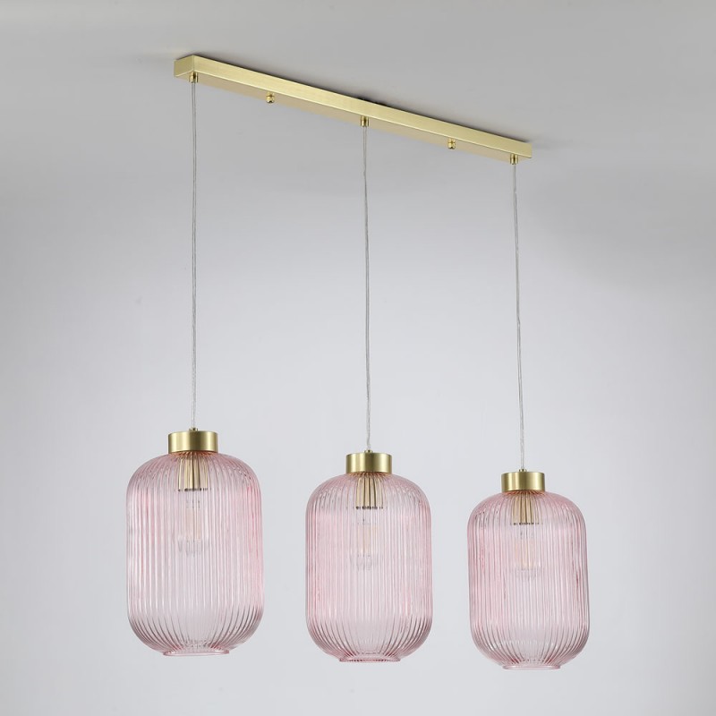Searchlight-NIK-SP3-SB+3x01NIK-PI - Nikita - Satin Brass 3 Light over Island Fitting with Pink Ribbed Big Glass